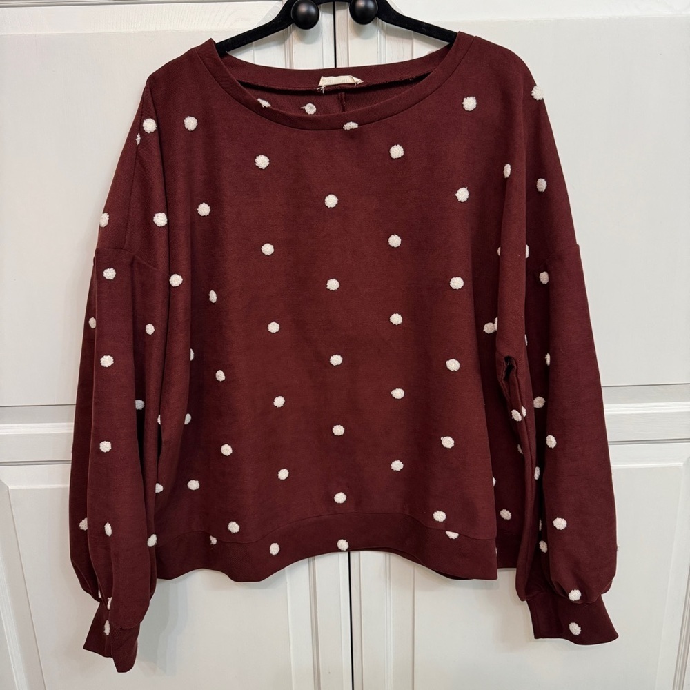 ANDTHEWHY Maroon and White Polka Dot Sweatshirt Size 1X. Dark coquette